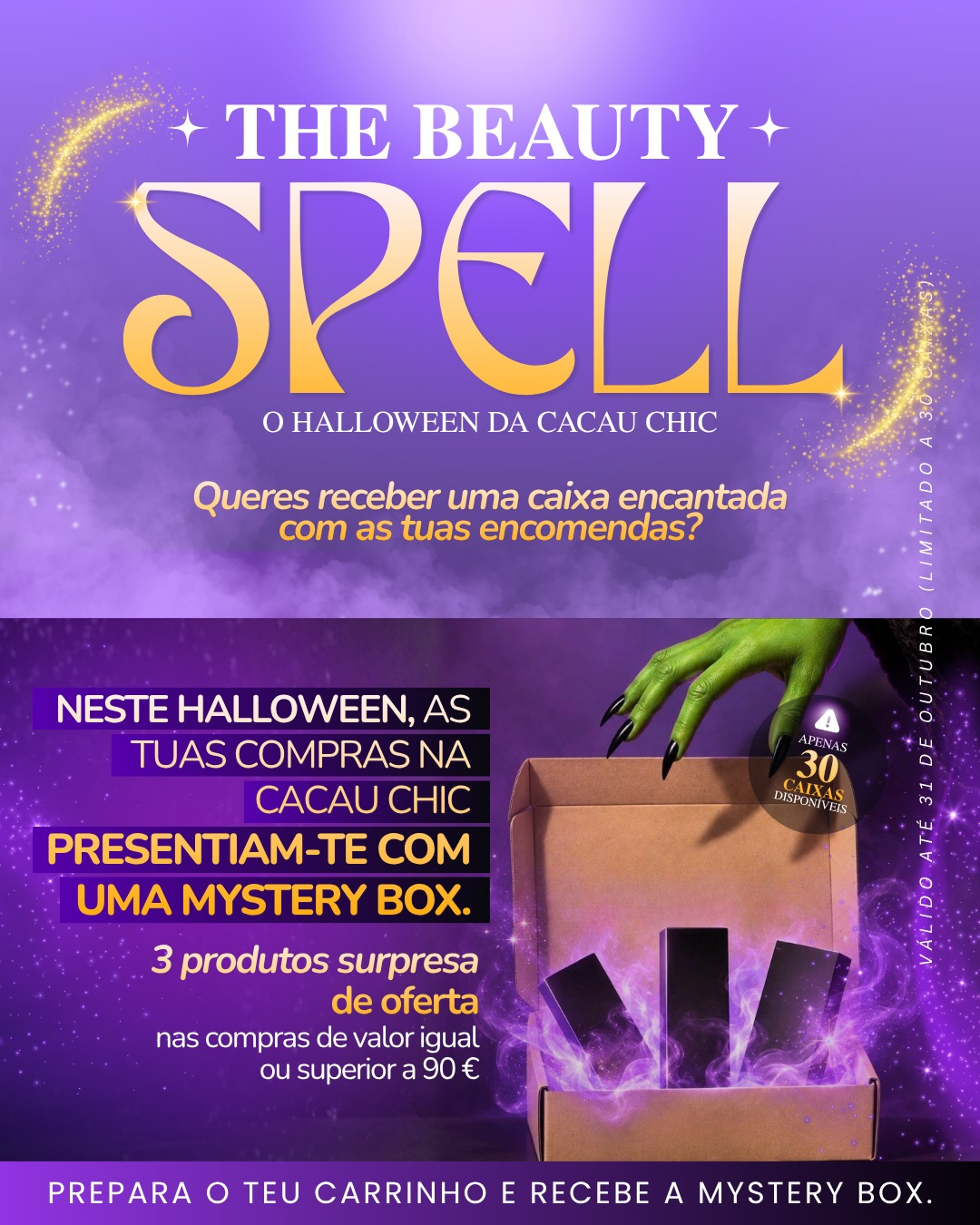 The Beauty Spell: caixa de Halloween Cacau Chic com três produtos em silhueta